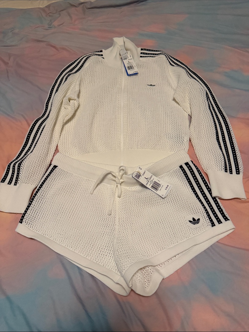 adidas White Crochet Jacket and  Shorts Set with Black Three-Stripe Accents
